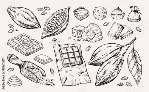 Chocolate sketch. Vintage retro hand drawn dessert, candy and sweets hot coffee cup for confectionery or chunk bean wrapper. Cooking ingredients cocoa plant. Vector isolated decorative set