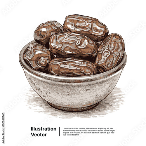 A bowl of dates is viewed from the side on a clean white background with soft shadows