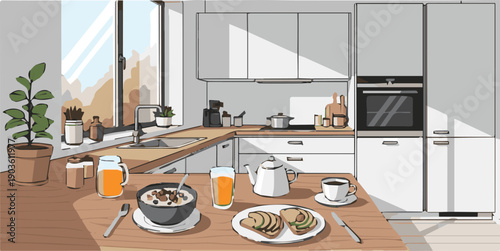 A modern kitchen with a wooden table set for breakfast in the morning light