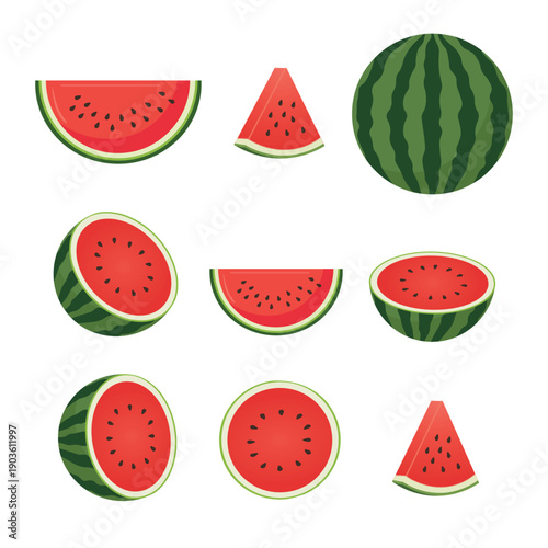 Watermelon Fruit Set with Slices – Fresh Red Watermelon Flat Vector Illustration