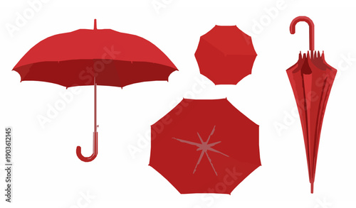 Realistic red umbrella vector set isolated on white background