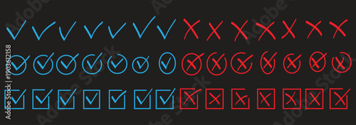 Hand drawn check and cross icons set in circle and square outline checklist marks vector illustration