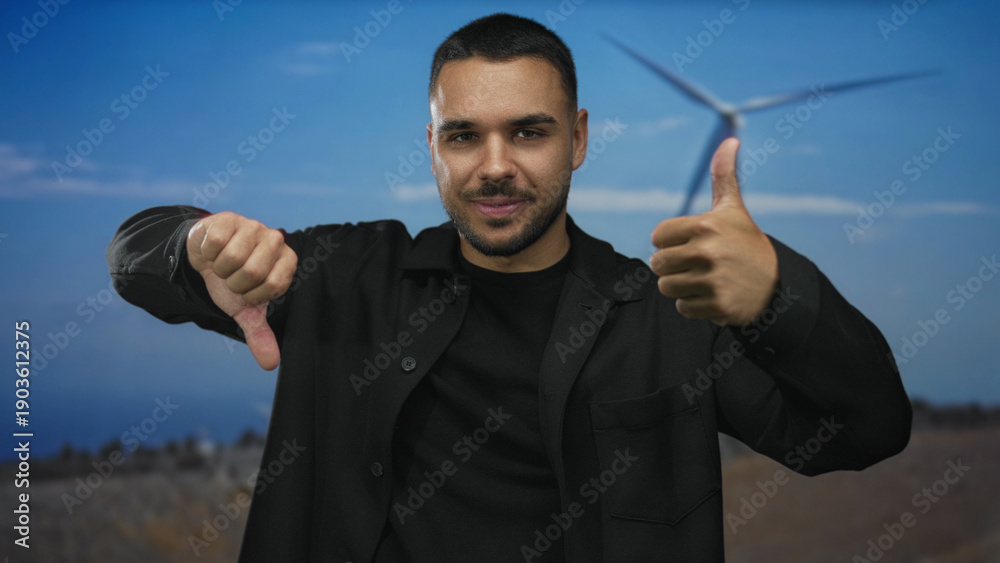 Fototapeta premium Man showing confident thumbs up and disappointed thumbs down gestures in studio; uncertainty and choice.