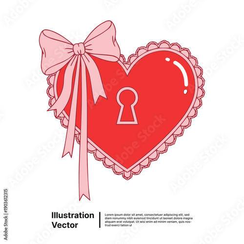 Valentine's heart with keyhole and pink ribbon bow illustration on white background