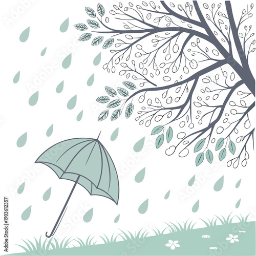 A lone figure stands under a green umbrella in the rain, surrounded by bare trees.
