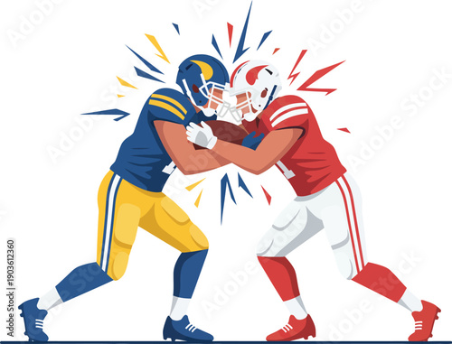 Two football players colliding intensely during a competitive game, showcasing strength and action on the field