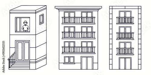 Three distinct architectural styles of residential buildings in a row.