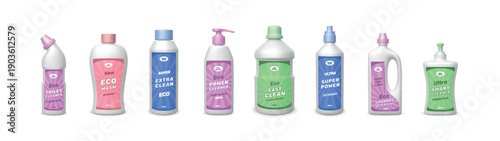 3D detergent. Laundry wash powder. Cleaning product bottle. Liquid fluid capsule box. Ecological toilet cleanser. Dishwashing package. Household chemical. Vector packaging mockup set