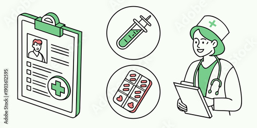 Nurse holding clipboard with medical documents and vaccine vial