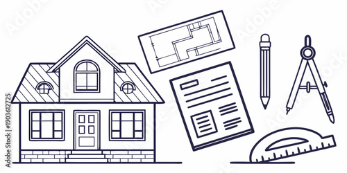 Architectural blueprint and tools illustrating a house design process