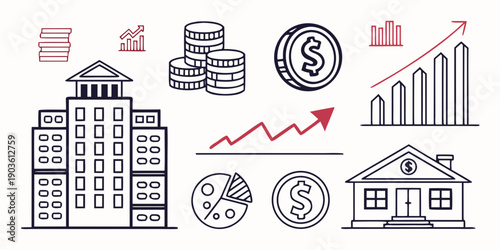Illustration of various buildings and financial symbols representing real estate investments.
