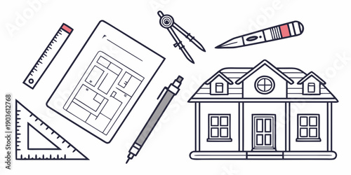 Illustration of a house with architectural tools and blueprints
