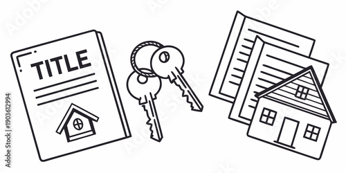 A set of keys, a magnifying glass, and documents related to real estate.