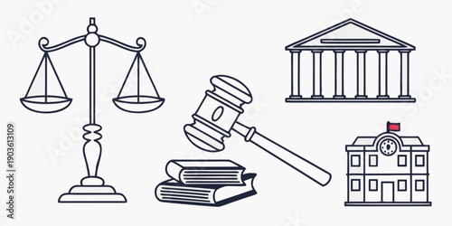 Symbols of law and justice including a gavel, scales, and a courthouse