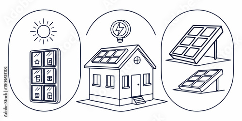 Illustration of a house with solar panels and energy efficiency features.