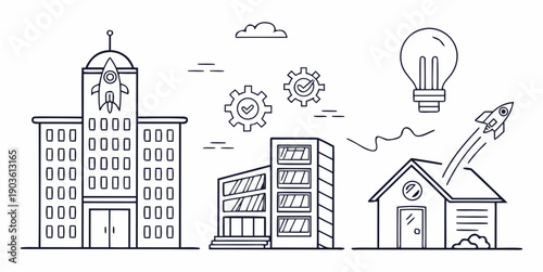 Illustration of urban and suburban buildings with innovative elements