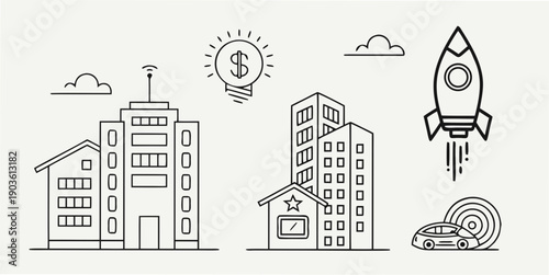 Illustrations of various buildings and a rocket ship with a money symbol.