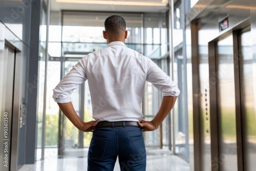 Man Standing Inside Elevator Paused Between Floors in Modern Office Building Free Download Man Standing Inside Elevator Paused Between Floors in Modern Office Building - GFXLoad