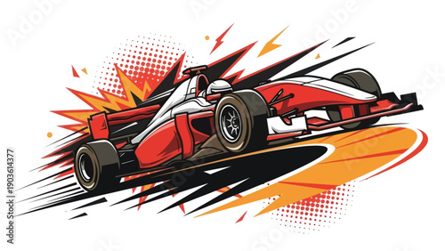 Racing car illustration on white background with dynamic graphic elements