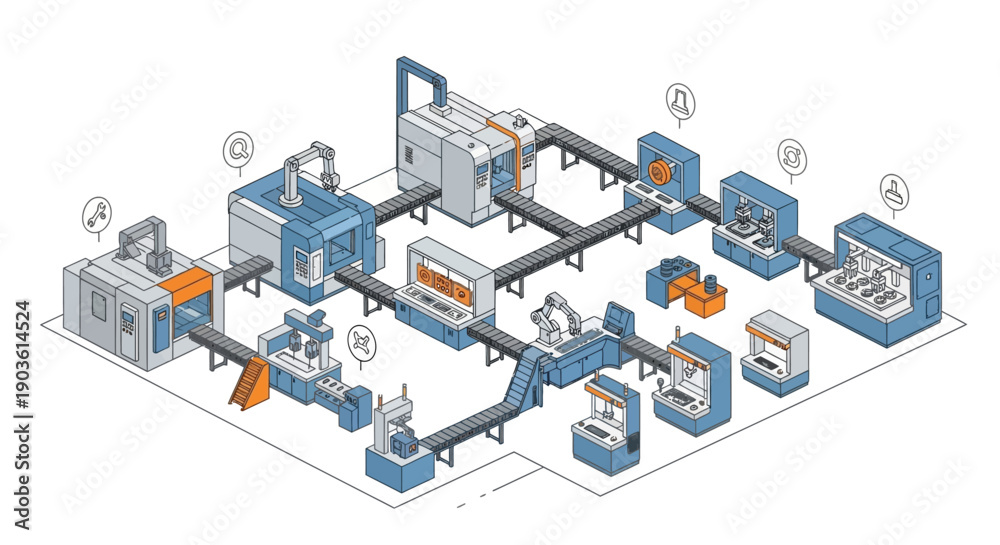 Obraz premium Automated industrial manufacturing production line with robotic arms and conveyor belts, illustrating a smart factory concept.