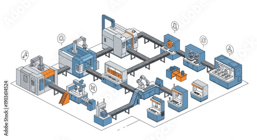Automated industrial manufacturing production line with robotic arms and conveyor belts, illustrating a smart factory concept.
