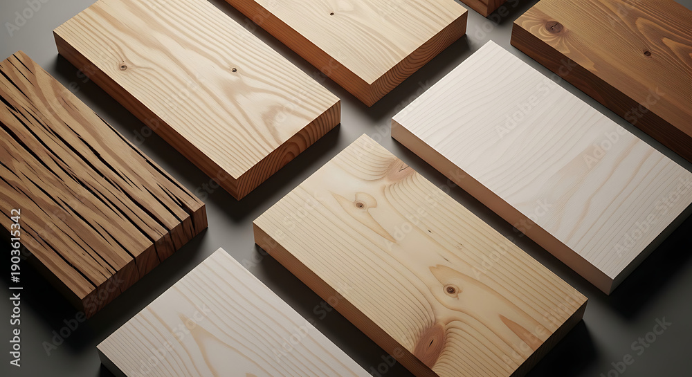 Fototapeta premium Assortment of Natural Wood Planks and Boards with Diverse Textures on Grey Background