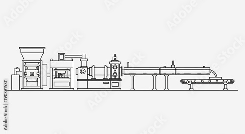 Line drawing of an industrial extrusion machine with a hopper, extruder, and conveyor belt for manufacturing processes.