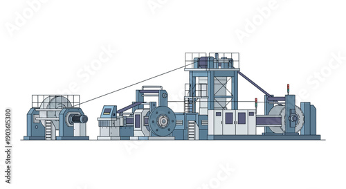 Illustration of a complex industrial machinery setup, likely for manufacturing or processing, with various interconnected components and structures.