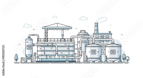 Modern industrial plant with complex piping and storage tanks, illustrating manufacturing processes.