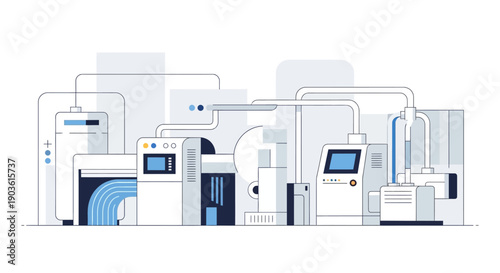 Abstract illustration of a complex industrial manufacturing or laboratory processing system with interconnected machinery and pipes.