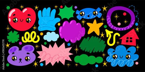 Cute stickers. Fun doodle cloud, funny graphic shapes as retro groovy decoration. Funky sparkle speech bubble. Heat and bear animal character with face. Vector cartoon flat set