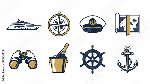 Luxury sports icons set displayed in a grid layout featuring yacht, compass, captain's hat, and anchor illustrations