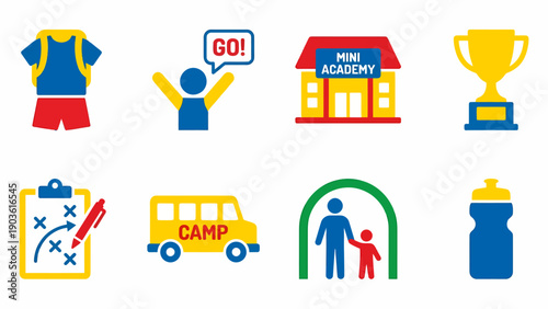 A set of 8 colorful icons representing fitness, motivation, education, and teamwork in a modern flat design style