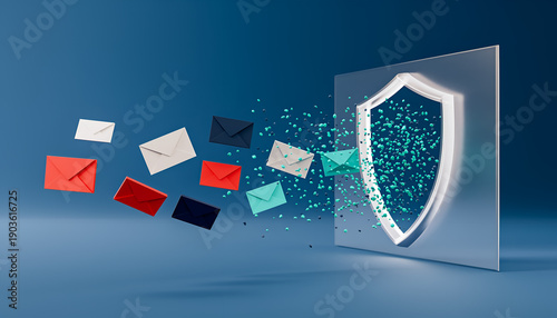 Email security concept with shield firewall protecting incoming messages, phishing and spam filtering protection background
