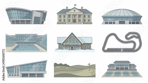 Luxury icon set featuring 8 architectural structures and a racetrack from an aerial viewpoint