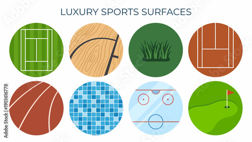 Luxury sports surfaces icons collection featuring tennis, squash, basketball, golf, and swimming pool environments