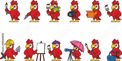 PrintCute Cartoon Parrot Character Illustration Set with Painter Builder Photographer and Creative Job Poses for Kids Educational Designs