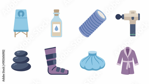 A collection of 8 flat icons representing spa and wellness services, including massage, skincare, and relaxation, in a premium table format.