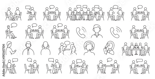 Business meeting and corporate communication line icons showing group discussion and office teamwork