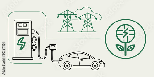 Electric vehicle charging station with renewable energy sources and eco-friendly iconography