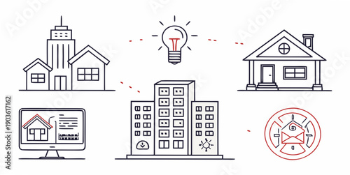Illustration of various buildings and a lightbulb representing ideas and concepts