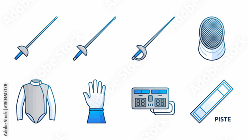 Elite fencing gear set displayed with swords, mask, and piste illustration