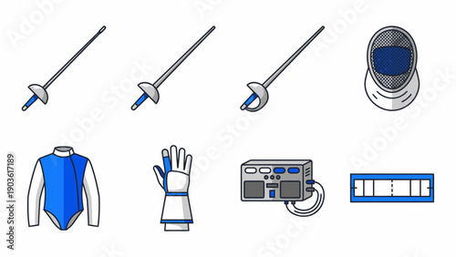 Collection of fencing equipment icons displayed in a flat design style
