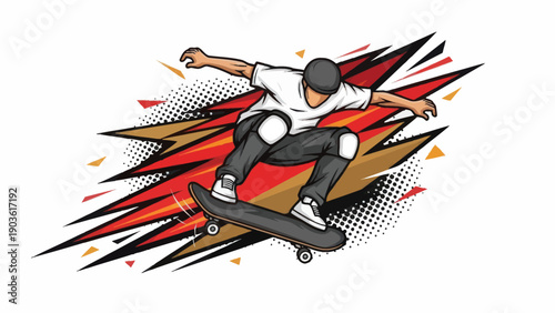 Skateboarder performing trick against abstract graphic background illustration