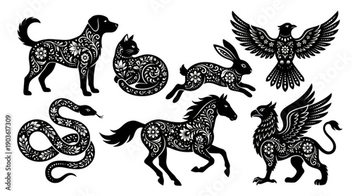 Set of stylized black-and-white tribal animal illustrations featuring horses, a snake, birds, and other decorative creatures in dotted patterns.