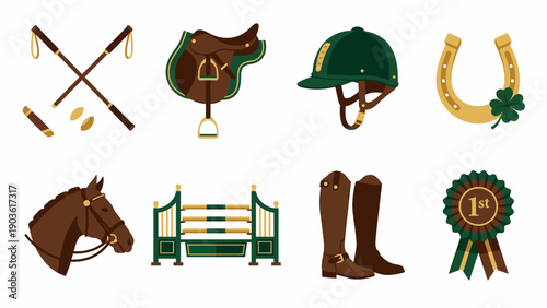 Equestrian icons set featuring horse riding equipment and awards in a flat design style
