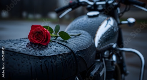 A Vibrant Red Rose Resting on the Wet Leather Seat of a Classic Motorcycle Covered in Raindrops