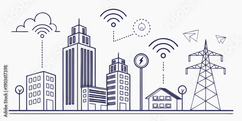 Modern cityscape with interconnected technology and infrastructure