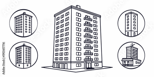 A detailed illustration of a high-rise building with various architectural designs