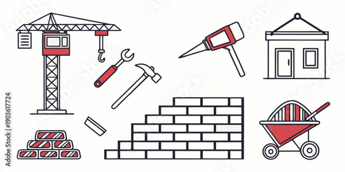 Construction tools and materials scattered around a building site